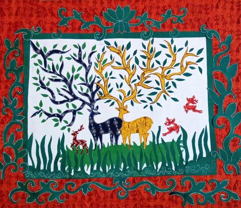 Khatwa Applique work inspired from Indian tradition Bihar... on fabric Applique Work, Embroidery Motifs, Hand Applique, Hand Work, Krishna, Kids Rugs, Art Design, Embroidery, Fabric