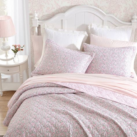 Laura Ashley Loveston Pink/Green Standard Cotton Reversible 2 Piece Quilt Set | Wayfair Pink Quilt Set, King Quilt Sets, Pink Quilts, King Pillows, Floral Quilt, Twin Quilt, Simple Lighting, King Quilt, Quilt Set