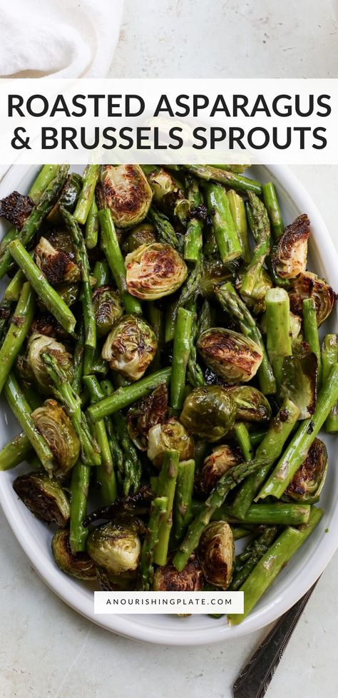 This easy roasted asparagus and Brussels sprouts recipe is a delicious side dish with only a few simple ingredients. Brussel Sprout And Asparagus Recipes, Asparagus And Brussel Sprouts Recipes, How To Make Asparagus, Cooking Brussel Sprouts, Paleo Side Dishes, Paleo Sides, Asparagus Recipes, Sprouts Recipe, Brussels Sprouts Recipe