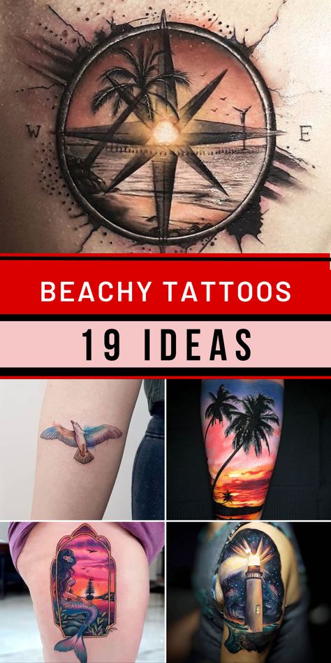 Unveil your passion for the beach with beachy tattoos that resonate with the souls of women who cherish the tranquility of the shore. Our collection is a testament to the beauty of small and cute designs, each capturing the elegance of simplicity. Imagine a delicate sandcastle or a tiny surfboard, etched onto the skin with precision. These tattoos are a celebration of the gentle allure of beaches, a fusion of artistry and the captivating spirit of the coast. Sleeve Tattoos For Women Beach Theme, Beach Themed Sleeve Tattoos, Saltwater Tattoo Ideas, Shoulder Beach Tattoo, Small Florida Tattoo Ideas, Beach Sunset Tattoos For Women, Men’s Beach Tattoo Small, Florida Tattoo Ideas Women Small, Ocean Inspired Tattoos Men