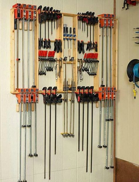 Maximizes storage space in your small workshop with this Super Simple Clamp Rack Clamp Storage, Woodworking Shop Plans, Woodworking Tools Workshop, Woodworking Clamps, Wood Magazine, Tool Rack, Small Workshop, Shop Storage, Woodworking Workshop