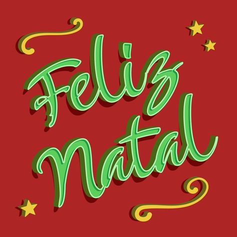 Merry Christmas in Brazilian Portuguese. Green beveled art. red background. Adornments and yellow stars beveled. Brazilian Portuguese, Vector Art Design, South American, Social Networks, Premium Vector, Vector Art, Brazil, Merry Christmas, Neon Signs