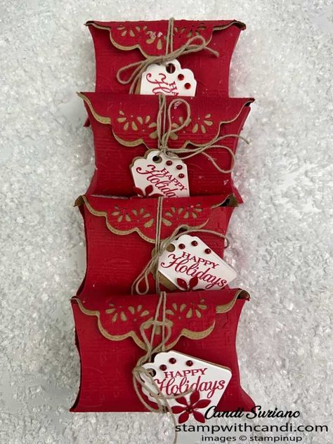 Pretty Pillowbox Favors for Share It Sunday > Stamp with Candi Candy Treat Box, Christmas Chocolates, Sample Christmas Cards, Christmas Treats Holders, Cricut Art, Fair Booth, Christmas Treat Bags, Gift Cards Money, Christmas Craft Fair