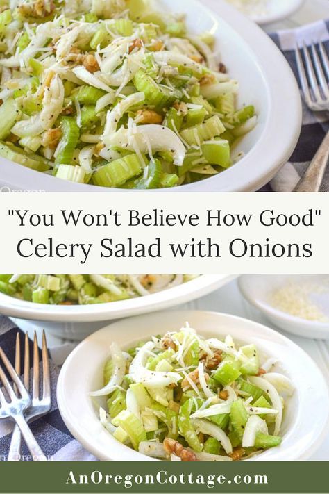 You won't believe how good this simple celery salad recipe is - yes, celery! With just a handful of healthy ingredients including onions, parmesan, and heart healthy walnuts all tossed with a quick vinegar based dressing, this is a wonderful salad that keeps well. It's as good for summer picnics as it is for winter dinners. Mediterranean Salads, Winter Dinners, Celery Recipes, Celery Salad, Feta Recipes, Summer Picnics, Healthy Ingredients, Salad Side Dishes, 140 Pounds