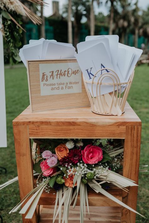 It's a hot one! Wedding water and fan station. Wedding Water Station, Wedding Water, Water Station, Water Wedding, Table Decorations, Fan, Water, Home Decor, Home Décor