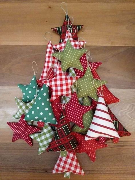 Fabric Xmas Tree Decorations, Sew Xmas Decorations, Christmas Tree Decorations Sewing, Christmas Fabric Ornaments Free Pattern, Things To Make With Christmas Fabric, Sewing Christmas Tree Decorations, Christmas Textile Decorations, Fabric Christmas Tree Ornaments Diy, Scrap Fabric Christmas Projects