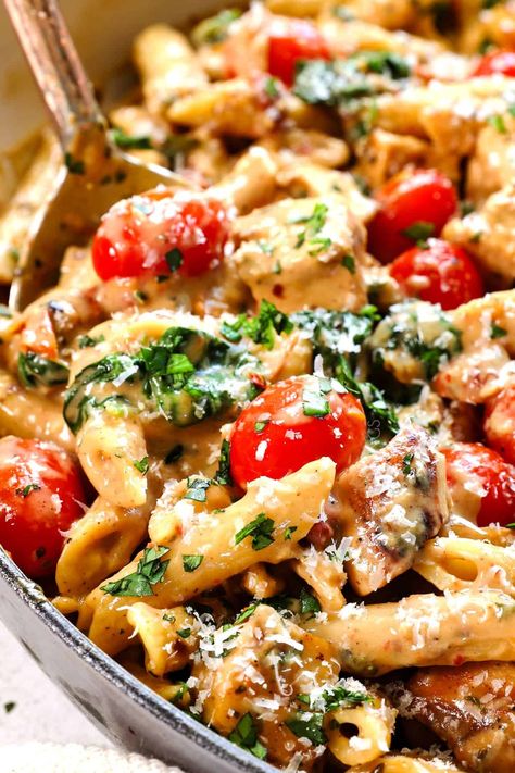 Chicken Tuscan Pasta - Carlsbad Cravings Healthy Tuscan Pasta, Baked Tuscan Chicken Pasta, Spicy Tuscan Chicken Pasta, Tuscan Chicken Pasta Healthy, Chicken Tagliatelle Recipes, Chicken Tuscan Pasta, Pasta With Wine, Chicken Tagliatelle, Chicken Tuscan