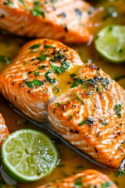 Baked Honey Lime Garlic Butter Salmon Brown Butter Honey Garlic Salmon, Salmon And Lime Recipes, Honey Lime Garlic Butter Salmon, Honey Garlic Lime Salmon, Citrus Baked Salmon, Baked Honey Lime Garlic Butter Salmon, Citrus Glazed Salmon, Salmon Recipes Baked In Foil, Honey Lime Salmon