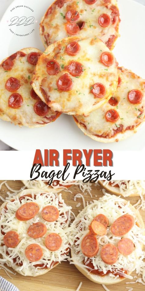 Pizza Bagels In Oven, Pizza Bagels In Air Fryer, Bagel Pizzas, Toaster Recipes, Bagel Pizza, How To Make Bagels, College Meal, Air Fryer Pizza, Bagel Thins