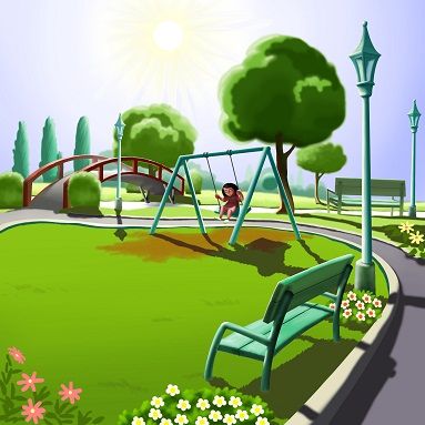 This is a digital style of illustration and the scene captures an afternoon scene where a kid is enjoying swings in the park.The background is very deep and this kins of children book illustration gives equal importance to the characters as well as the background elements. The elements from the background are very neatly done and the elements from the deep background can also be easily identified. Park Illustration Background, Cartoon Park, City Sketches, Deep Background, Beach Story, Park Illustration, Lotus Flower Wallpaper, Children Book Illustration, Poison Frog