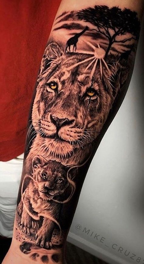 Lion Family Forearm Tattoo, Tatoos Men Leg Ideas, Lion Sleeve Tattoo, Lioness And Cub Tattoo, Tattoo Frau, Female Lion Tattoo, Lion Shoulder Tattoo, Lion Forearm Tattoos, Tiger Tattoo Sleeve