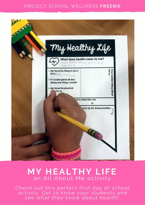 Health Freebie! If you're a middle school health teacher, head over to Project School Wellness for this free health lesson plan. This All About Me activity is the perfect first day of school activity for any health or PE class! Health or PE teachers get this free lesson plan from Janelle at Project School Wellness! Pe Classroom, All About Me Activity, All About Me Project, Middle School Health, Health Lesson Plans, School Wellness, Project School, Health Teacher, High School Lesson Plans