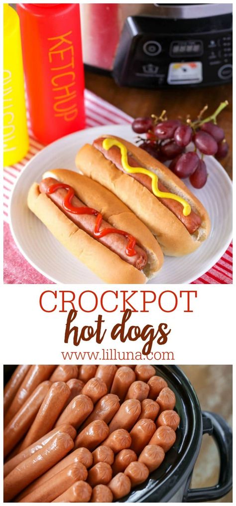 Hot dogs in a crock pot are the easiest way to make hot dogs for a crowd! They're perfect for your summer potluck needs. #crockpothotdogs #hotdogs #crockpot #slowcooker #potluckrecipes #easyrecipe Hot Dogs For A Crowd, Crockpot Hotdogs, Crock Pot Sandwiches, Making Hot Dogs, Hot Dog Sauce, Sweet Potato Fries Baked, Bacon In The Oven, Fruit Salad Easy, Hot Dog Recipes