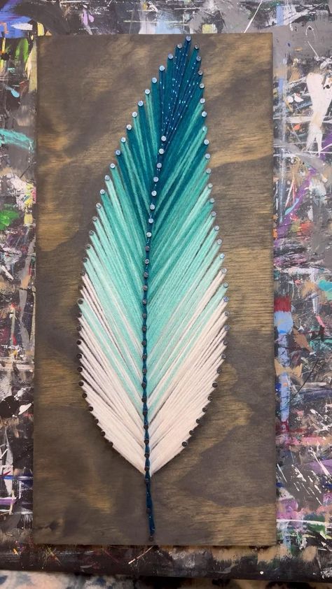 Pin on String Art by Kaly Videos Diy Feather Wall Art, Art With Nails And Wood, Embroidery String Crafts, Feather Art Diy, Nail Thread Art, Thread Craft Ideas, Yarn Art On Canvas, Nail And Thread Art, String Nail Art