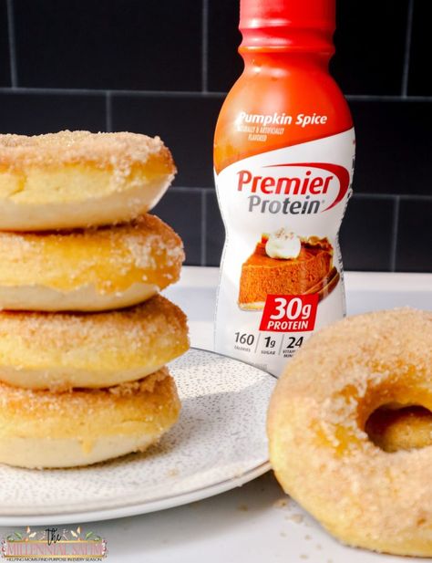 Pumpkin Spice Protein Donuts - The Millennial Stay-At-Home Mom Premier Protein Cake Batter Recipes, Devotion Protein, Pumpkin Protein Shake, Protein Donuts Recipe, Premier Protein Shakes, Healthier Treats, Protein Donuts, Dessert Treats, Pumpkin Spice Donut