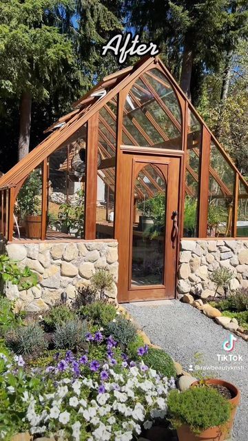 Front Yard Greenhouse, Mountain Greenhouse, Greenhouse With Fireplace, Tudor Greenhouse, Stone Greenhouse, Timber Frame Greenhouse, Goth Farmhouse, Wood Greenhouse, Dream Greenhouse