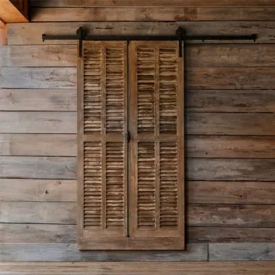 SCARECROW CROSSING | Shop Sales Events Antique Farmhouse Farmhouse Design Plans, Sliding Shutters, Old Shutters, Wood Arch, Aged Wood, Shutter Doors, Wood Pedestal, Farm Shop, Summer Tables