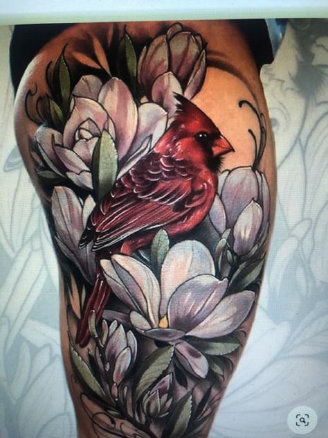 Male And Female Cardinal Tattoo, Cardinal And Flower Tattoo, Female Cardinal Tattoo, Red Cardinal Tattoo, Cardinal Tattoo Ideas, Red Cardinal Tattoos, Nana Tattoo, Miscellaneous Tattoos, Bird Tattoo Sleeves