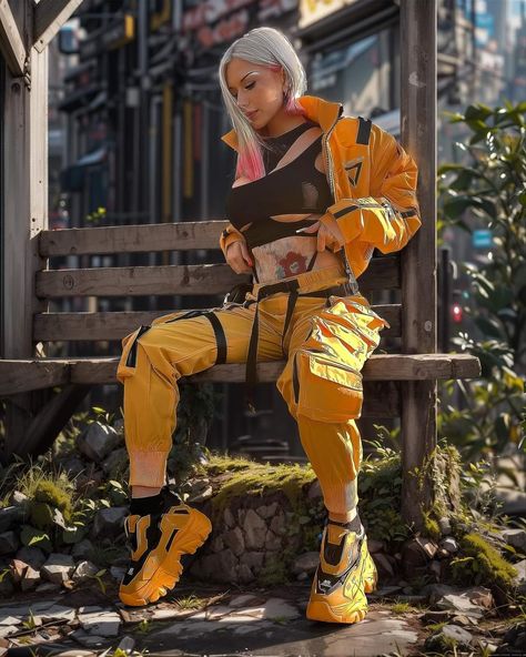 Yellow Techwear, Women Techwear, Dragon Punch, Future Punk, Yellow Clothes, Yellow Fits, Cyberpunk Girl, Photo Reference, Yellow Black