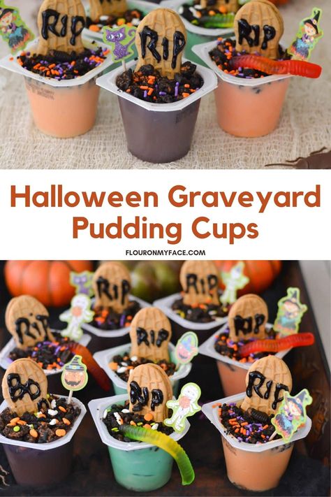 Easy Halloween Graveyard Pudding Cups-Flour On My Face Graveyard Pudding Cups, Vanilla Pudding Cookies, Graveyard Pudding, Halloween Sprinkles, Halloween Graveyard, Nutter Butter Cookies, Snack Pack, Pudding Cookies, Pudding Cups