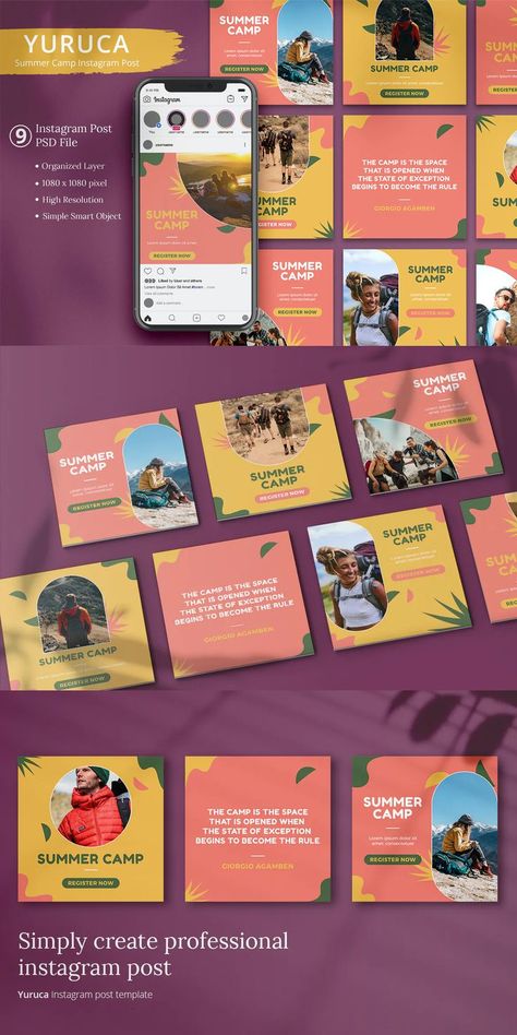 Yuruca Summer Camp Instagram Post Template PSD Space Camp, How To Become Smarter, Space Organizer, Instagram Post Template, Post Templates, Instagram Template, Summer Camp, Camping, Social Media