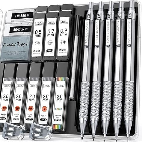 Amazon.com : Four Candies Metal Mechanical Pencil Set, 3PCS Art Drafting Pencils 0.5, 0.7, 0.9MM & 2PCS 2MM Mechanical Drawing Pencils with 420PCS Leads (4B 2B HB 2H Color) for Writing Sketching Drawing (Silver) : Office Products Best Mechanical Pencil, Mechanical Drawing, Back To School List, Drafting Pencil, Drawing Pencils, Art Supplies Storage, Amazon Purchases, School List, Art Easel