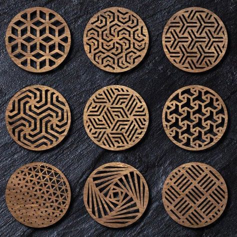 Beverage coasters. 9 Unique Geometric Designs. Made to order from hardwood by LaserLyla Metal Coaster, Cnc Coasters, Modern Coaster Design, Art Deco Coasters, Geometric Coaster, Cnc Projects, Metal Design, Geometric Designs, Repeating Patterns