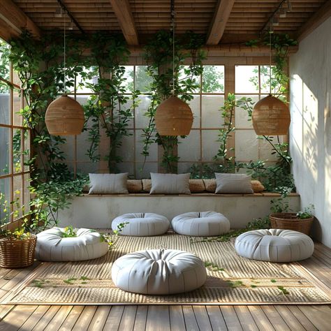 Create a serene lanai with this sunlit meditation space, blending Japanese-inspired design and natural tranquility. The area features floor cushions, wooden elements, and stone accents, complemented by hanging plants and lanterns. A large window invites natural light, enhancing the peaceful setting perfect for mindfulness. Soft grey yoga balls and woven carpeting add to the zen-like atmosphere. Hanging Plant Window, Zen Sunroom, Outdoor Meditation Area, Meditation Studio Design, Yoga Meditation Space Zen Room, Zen Den Meditation Rooms, Backyard Yoga Space, Garden Meditation Space, Zen Room Ideas