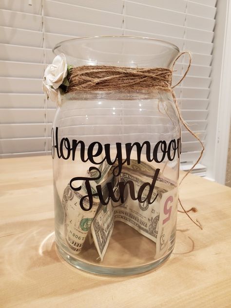 DIY honeymoon fund jar. Seriously, so easy and cheap! Diy Honeymoon Fund Jar, Honeymoon Jar, Honeymoon Fund Jar, Wedding Jars, Money Box Wedding, Honey Diy, Honeymoon Fund, Money Jars, Bridal Shower Inspiration