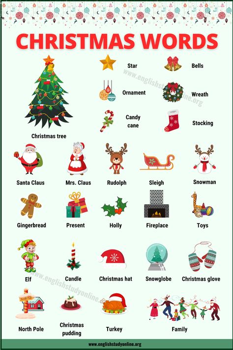 Christmas Words: List of 40+ Interesting Christmas Vocabulary - English Study Online Christmas English Worksheets, Christmas English Activities, Christmas Words List, Words For Christmas, Christmas Decorations List, Christmas Study, Christmas Articles, Vocabulary English, Christmas Lesson