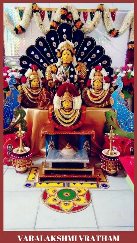 Gowri Pooja Decoration, Varalakshmi Pooja, Varalakshmi Vratham, Pooja Decoration, Ganapati Decoration, Married Women, Lamp Decoration, Pooja Room Door Design, Colors Wedding