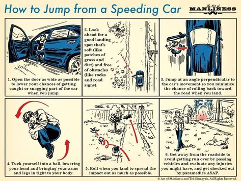 If you find yourself in a runaway car with no means of slowing down, your best bet might be to bail. Here's how to do so. Miejski Survival, Speeding Car, How To Jump, Art Of Manliness, Survival Life Hacks, By Any Means Necessary, Urban Survival, Survival Techniques, Survival Life