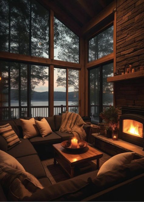 Interior Decor Living Room, Lodge Style Decorating, Cabin Remodel, Dream House Aesthetic, Interior Decorating Living Room, Cozy Rooms, Cabin Aesthetic, Outdoor Fireplace Designs, Dark House