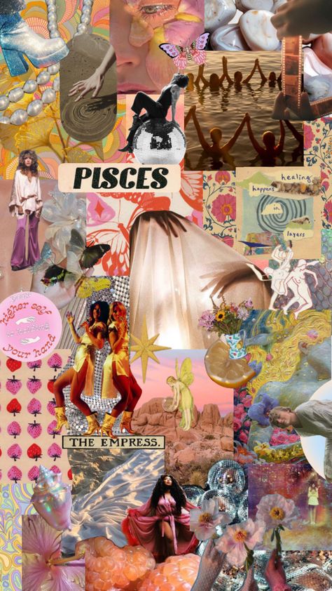 Pisces Collage Wallpaper, Pisces Collage, Pisces Moodboard, Pisces Phone Wallpaper, Pisces Background, Pisces Wallpaper, Pisces Aesthetic, Hippy Aesthetic, Pisces Moon