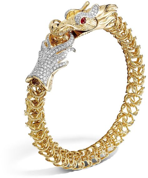 John Hardy Diamond, Ruby & 18K Yellow Gold Medium Naga Dragon Bracelet, .86 ct. t.w. Naga Dragon, John Hardy Jewelry, Dragon Bracelet, Mens Gold Bracelets, Dragon Jewelry, John Hardy, African Jewelry, Pretty Bracelets, Fantasy Jewelry