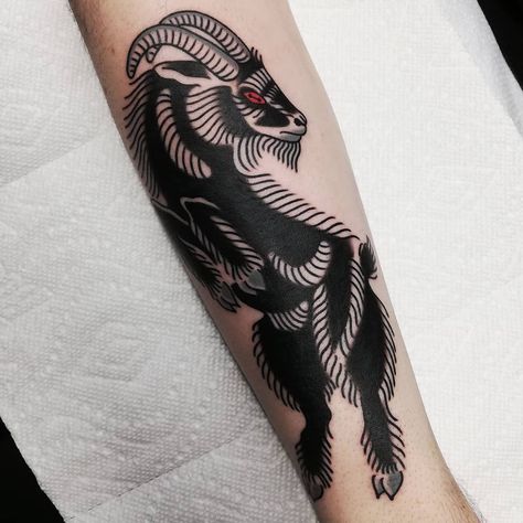 Trad Goat Tattoo, Evil Goat Tattoo, American Traditional Ram Tattoo, American Traditional Goat Tattoo, Black Goat Tattoo, Traditional Goat Tattoo, Heavy Black Tattoo, Black Goats, Goat Tattoos