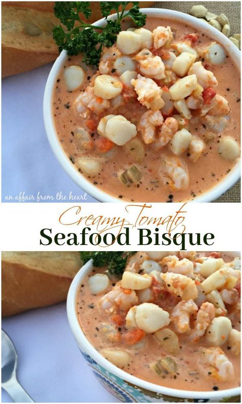 Creamy Tomato Seafood Bisque - An Affair from the Heart Tomatoes And Cream Cheese, Seafood Bisque, Plats Healthy, Bisque Recipe, Seafood Chowder, Creamy Tomato Soup, Seafood Stew, Seafood Soup, Creamy Potato