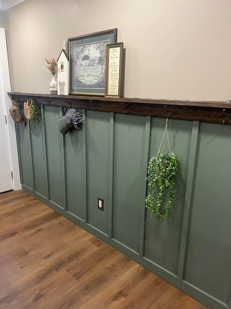 Half Shiplap Wall Entryway, Half Painted Wall Green, Green And Black Entryway, Shiplap Wall Green, Half Green Wall, Panel Entryway, Green Shiplap Wall, Drayton House, Green Beadboard