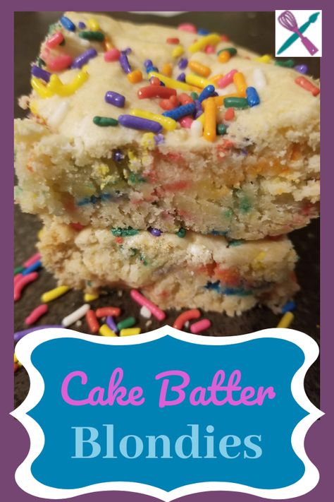 Easy Cake Batter Blondies - these moist chewy cake batter blond brownies will have you rethinking regular chocolate brownies. Blond Brownies, Cake Batter Blondies, Chewy Cake, Eggless Sugar Cookies, Banana Milkshake Recipe, Cake Mix Brownies, Blonde Brownies, Eggless Chocolate Chip Cookies, Boxed Cake Mixes Recipes