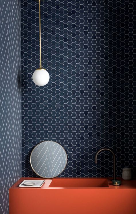 50+ Hexagon tile and mosaic ideas for the bathroom and kitchen Hexagon Tile Bathroom, Mandarin Stone, Navy Blue Walls, Watermark Design, Hexagonal Mosaic, Brass Pendant Light, Hexagon Tiles, Blue Walls, Bathroom Styling