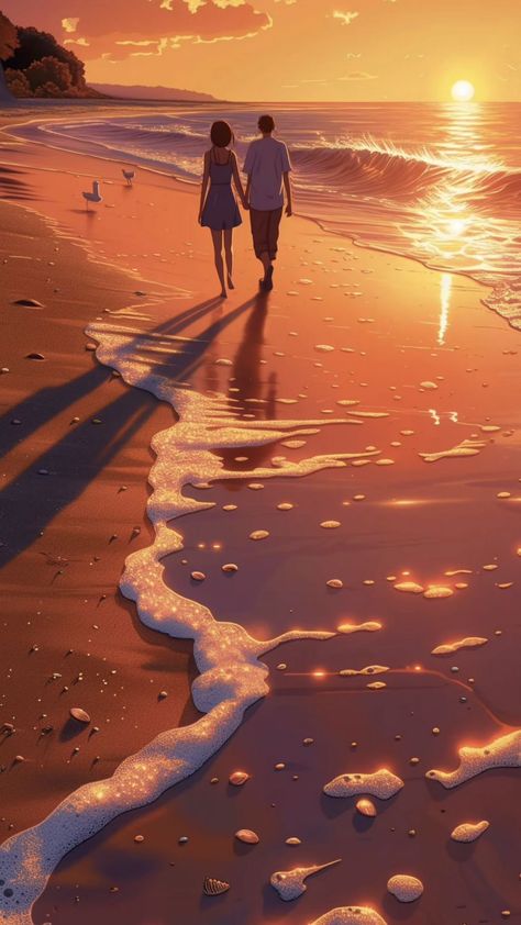 free wallpapers 4K beach, sea, foam, sand, couple, guy, girl, walk, sunset, art for mobile and desktop Bokeh Art, Classroom Pictures, Wallpaper Beach, Girl Walk, Dark Black Wallpaper, Couple Silhouette, Floral Wallpaper Phone, Dark Nature Aesthetic, Romantic Anime Couples