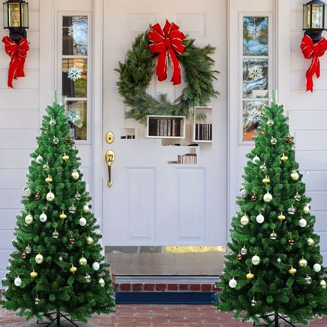 Faster shipping. Better service 2 Christmas Trees, Porch Christmas Tree, Trees With Lights, Archway Decor, Lighted Trees, Front Door Christmas Decorations, Pre Lit Christmas Tree, Porch Christmas, Outdoor Trees