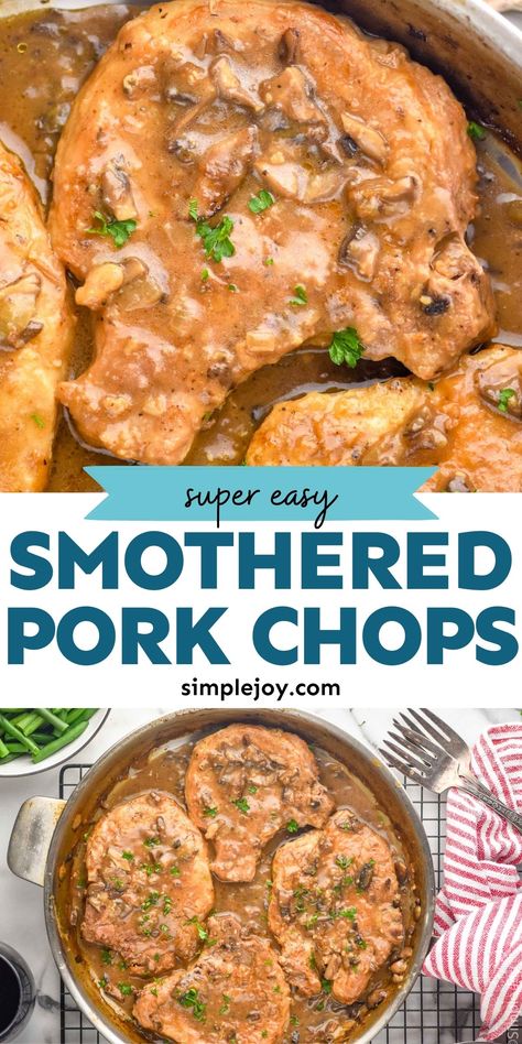 These Smothered Pork Chops are perfect comfort food. Made with simple ingredients and a delicious mushroom gravy, you'll love this great dinner! Mushroom Gravy Pork Chops, Mushroom Soup Pork Chops, Smothered Pork Chops Recipe, Easy Gravy Recipe, Pork Gravy, Pork Chops And Rice, Mushroom Pork Chops, Pork Chops And Gravy, Smothered Pork