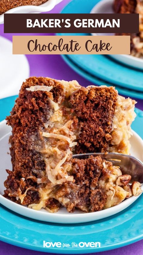 Baker’s German Chocolate Cake combines a mild, sweet chocolate cake with a decadent coconut pecan frosting to create an absolutely irresistible dessert. Don’t let the “German” in the name fool you, this cake is actually a home grown American classic! German Chocolate Cake Frosting, Chocolate Chip Pecan Pie, Chocolate Sheet Cake Recipe, Homemade German Chocolate Cake, German Chocolate Cake Recipe, Chocolate Cake Frosting, Pecan Frosting, Chocolate Desserts Cake, Love From The Oven