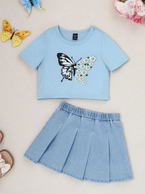 Clothes For Eight Year Olds, Clothes For 11 Year Girl, Preppy Girl Outfits, Butterfly Clothes, Tv Clothes, Modest Casual Outfits, Pleated Denim, Old Outfits, Stylish Kids Outfits