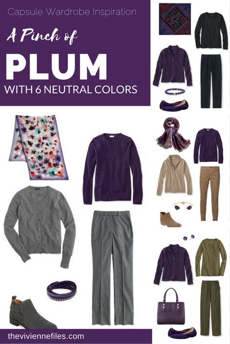 Capsule wardrobe colour palette inspiration - a pinch of plum with 6 neutral colors Capsule Wardrobe Color Palette, Wardrobe Color Palette, The Vivienne Files, Vivienne Files, Wardrobe Color, Minimalist Capsule Wardrobe, Wardrobe Planning, The Vivienne, Capsule Outfits