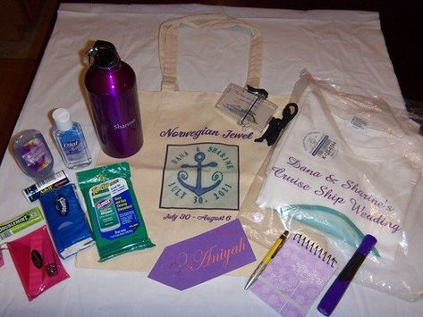 Welcome Bags-Supplies - Honeymoon & Wedding Cruises - Cruise Critic Community Family Vacation Welcome Bags, Cruise Favor Bags, Family Cruise Goody Bags, Family Cruise Gift Bag Ideas, Cruise Welcome Bag Ideas, Birthday Cruise Ideas, Cruise Gift Bag Ideas, Welcome Bags Wedding, Cruise Spa