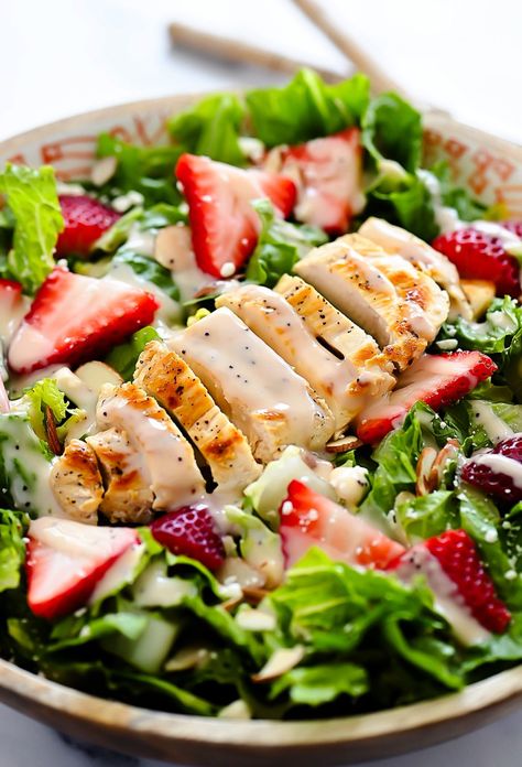 Strawberry Chicken Salad is a fresh and bright salad you will crave! Crispy romaine lettuce, grilled chicken and fresh strawberries are brought to life with raspberry vinaigrette and creamy poppyseed dressing! Lettuce Salad With Chicken, Creamy Poppyseed Dressing, Strawberry Chicken, Perfect Grilled Chicken, Strawberry Chicken Salad, Lettuce Salad Recipes, Baked Lemon Chicken, Poppyseed Dressing, Chicken Chopped Salad