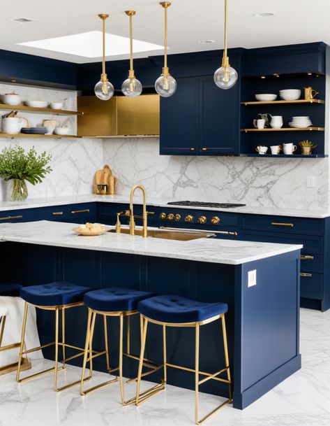 52 Blue Kitchen Ideas To Elevate Your Cooking Space With Style Navy And Gold Kitchen, Blue And Gold Kitchen, Blue Kitchen Accents, Royal Blue Kitchen, Navy Cabinets, Tiny Kitchen Design, Navy Blue Kitchen, Latest Kitchen Designs, Lemon Kitchen