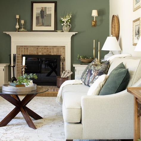 Warm Farmhouse Living Room, Modern Green Living Room, Country Farmhouse Living Room, Warm Farmhouse, Farmhouse Inspired Decor, Thrifted Home, Fireplace Built Ins, Sage Green Walls, Aesthetic Living Room